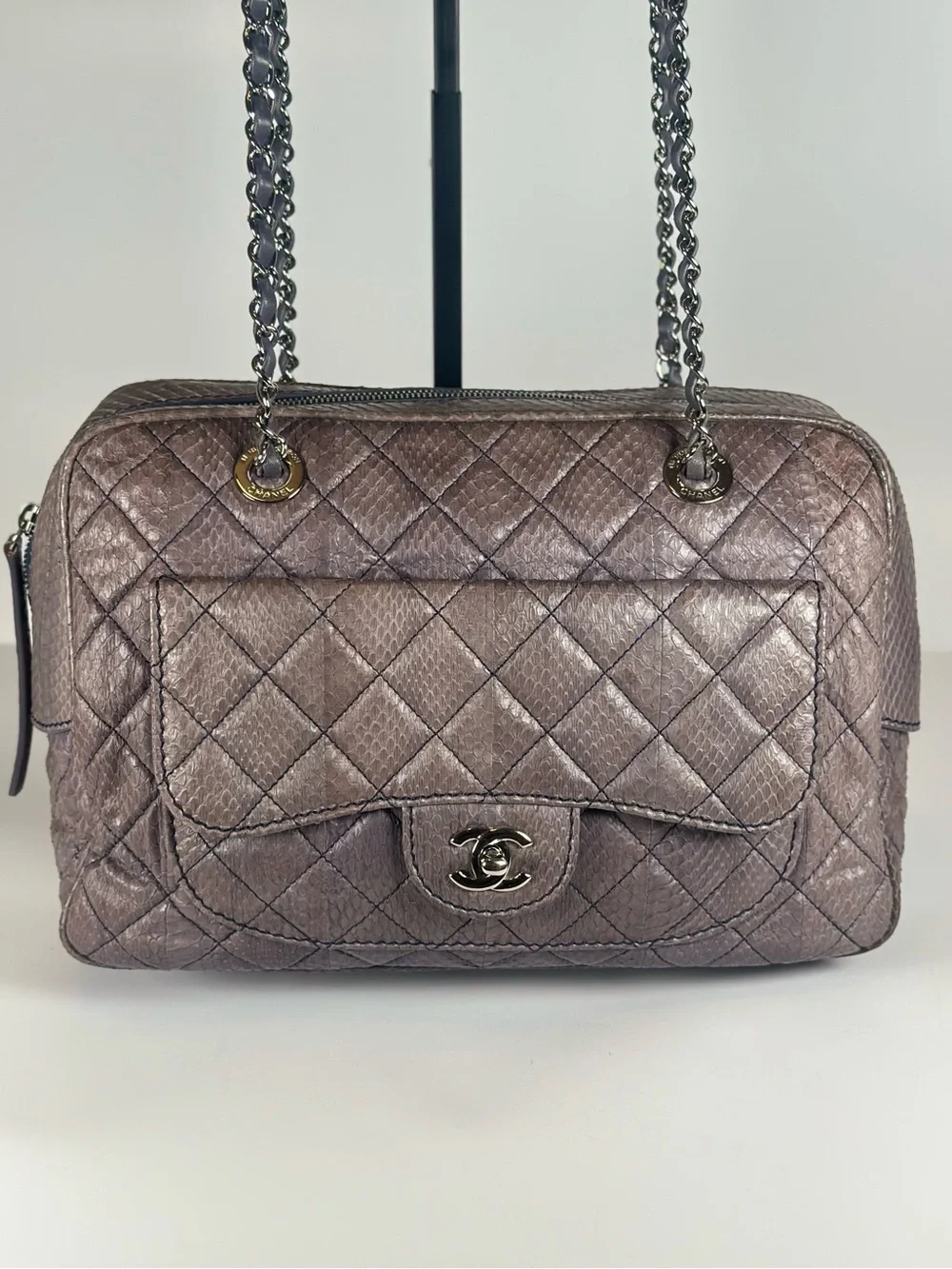 Authentic Python CHANEL Quilted Exotic Camera Shoulder Bag with Chain